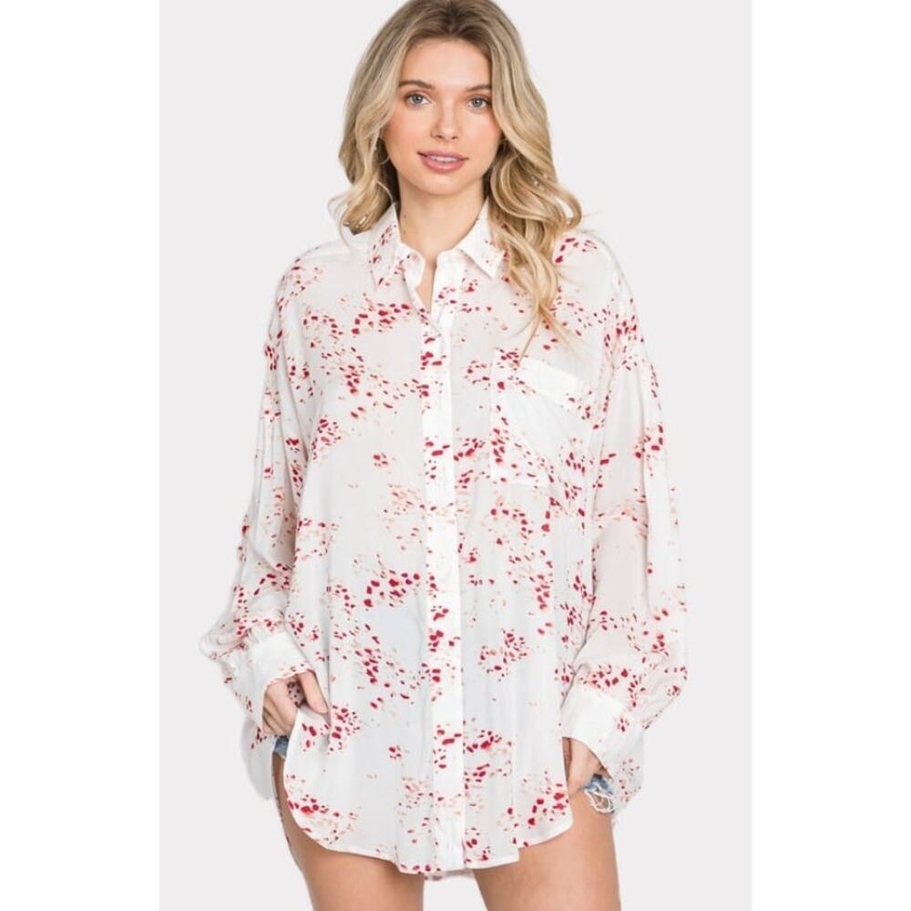 Ivory Print Button Down Blouse Oversized Flowy Top Size Large